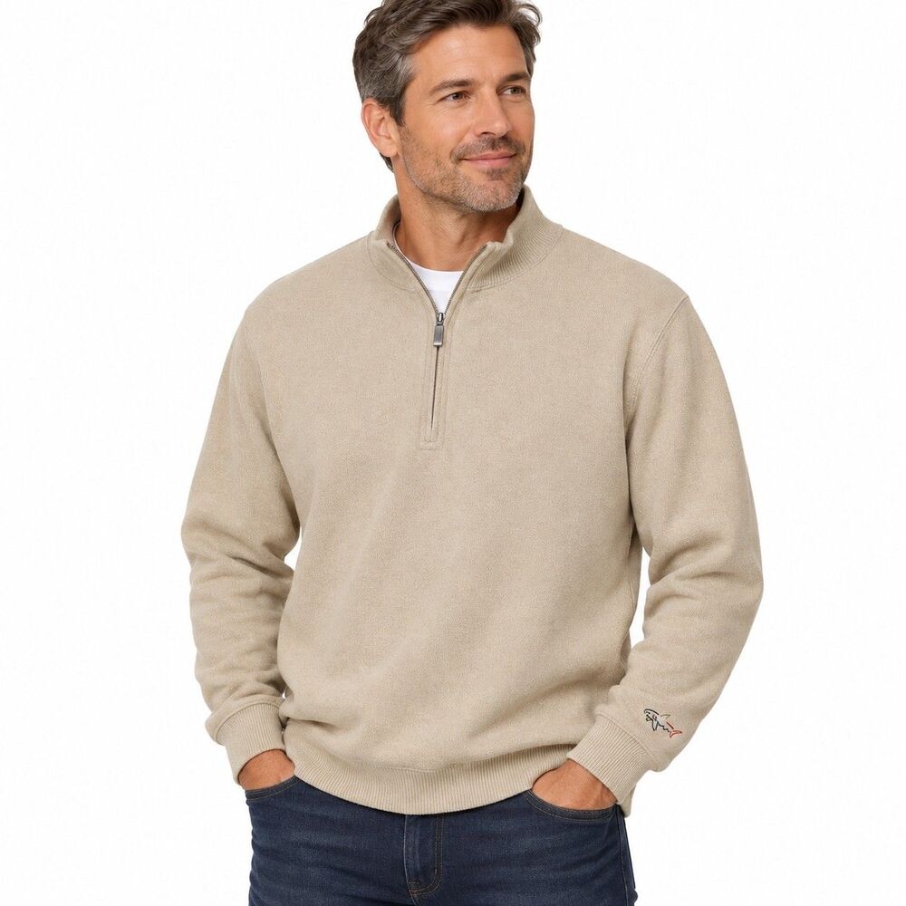 Greg Norman Men’s XL 1/4 Zip Pullover Sweater Beige Embroidered Shark Golf